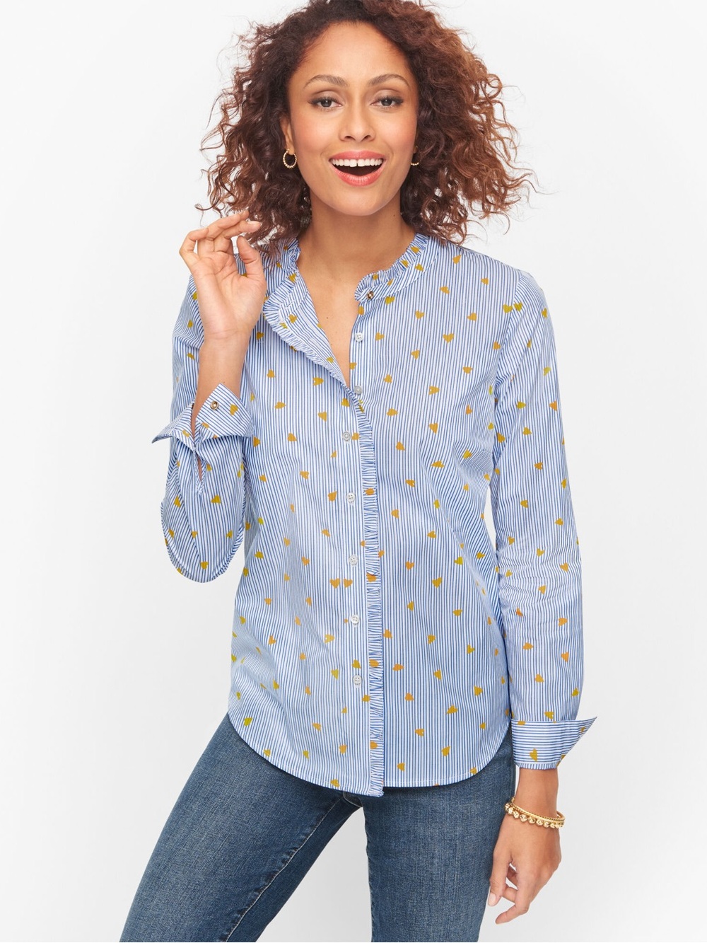 Talbots Heart Stripe Ruffle Neck Blouse XS Blue White Yellow Preppy Casual